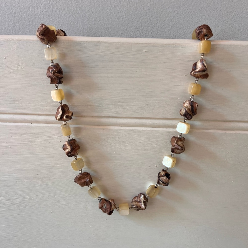 Brown and Cream Beaded Necklace with Natural Patterns